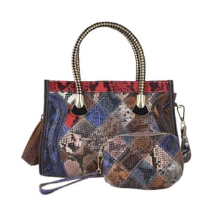 CHAOS BY ELSIE Set of 2 Multi Color Snake Print Genuine Leather Satchel Bag and Clutch