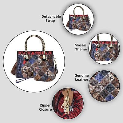 CHAOS BY ELSIE Set of 2 Multi Color Snake Print Genuine Leather Satchel Bag and Clutch