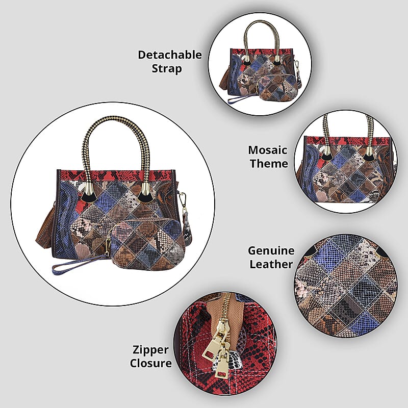 CHAOS BY ELSIE Set of 2 Multi Color Snake Print Genuine Leather Satchel Bag and Clutch