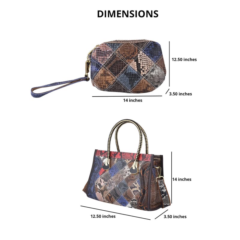 CHAOS BY ELSIE Set of 2 Multi Color Snake Print Genuine Leather Satchel Bag and Clutch