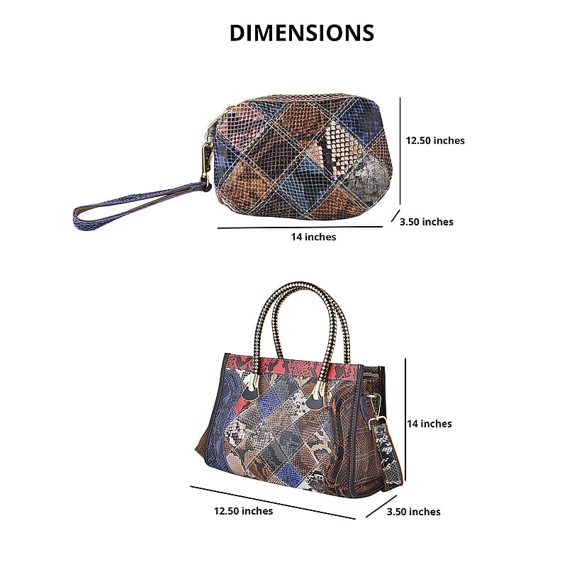 CHAOS BY ELSIE Set of 2 Multi Color Snake Print Genuine Leather Satchel Bag and Clutch