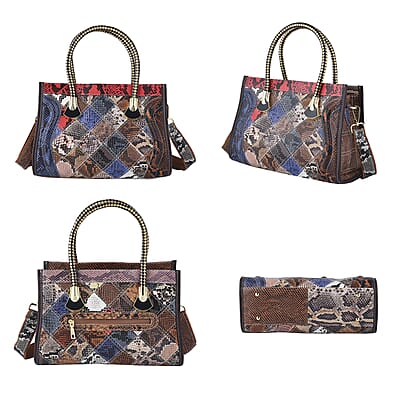 CHAOS BY ELSIE Set of 2 Multi Color Snake Print Genuine Leather Satchel Bag and Clutch