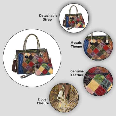 CHAOS BY ELSIE Set of 2 Multi Color Ball Print Genuine Leather Satchel Bag and Clutch image number 3
