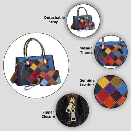 CHAOS BY ELSIE Set of 2 Multi Color Ostrich Print Genuine Leather Satchel Bag and Clutch image number 3