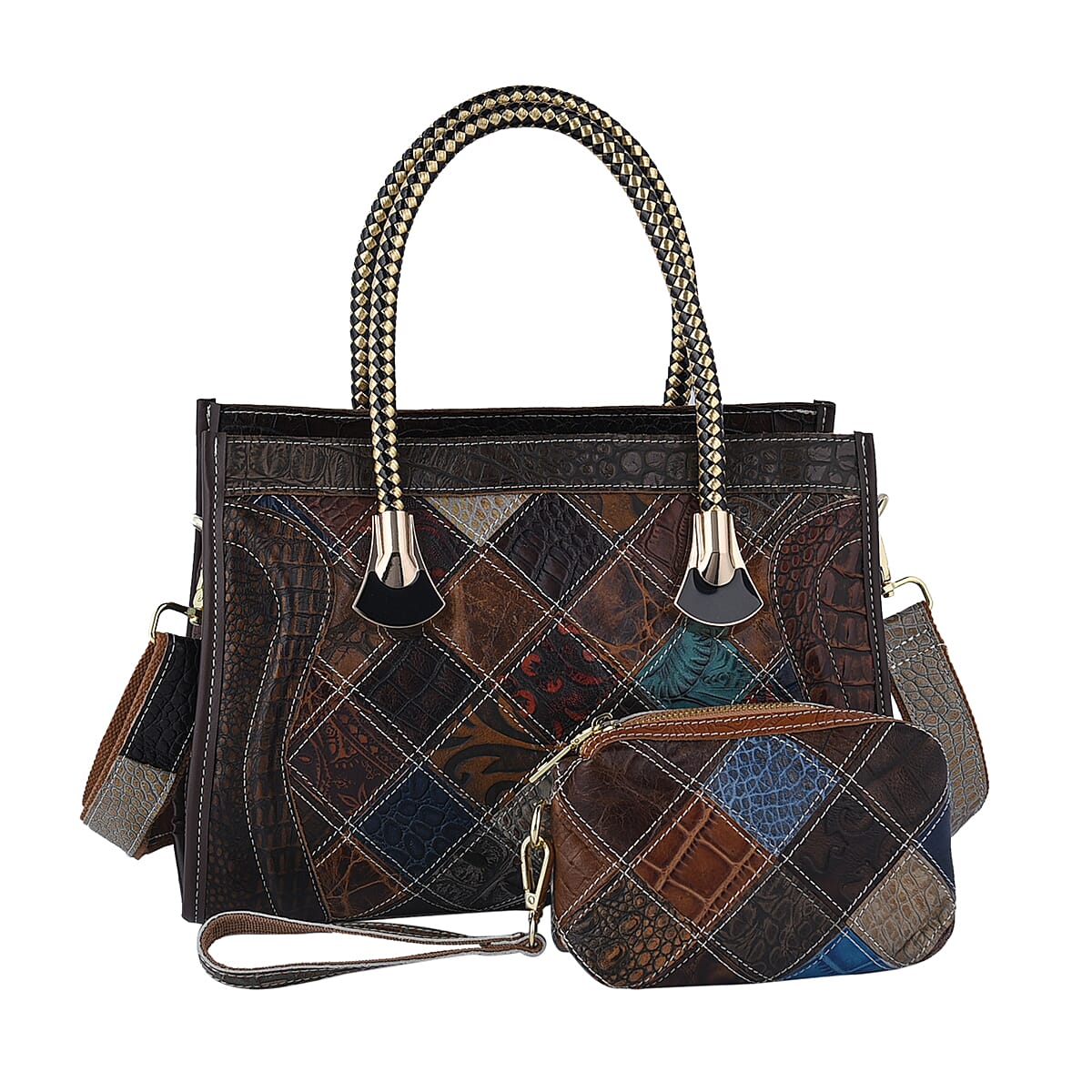 CHAOS BY ELSIE Set of 2 Multi Color Vintage Ostrich/Crocodile Mix Print Genuine Leather Satchel Bag and Clutch