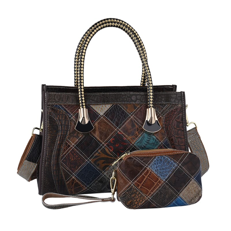 CHAOS BY ELSIE Set of 2 Multi Color Vintage Ostrich/Crocodile Mix Print Genuine Leather Satchel Bag and Clutch