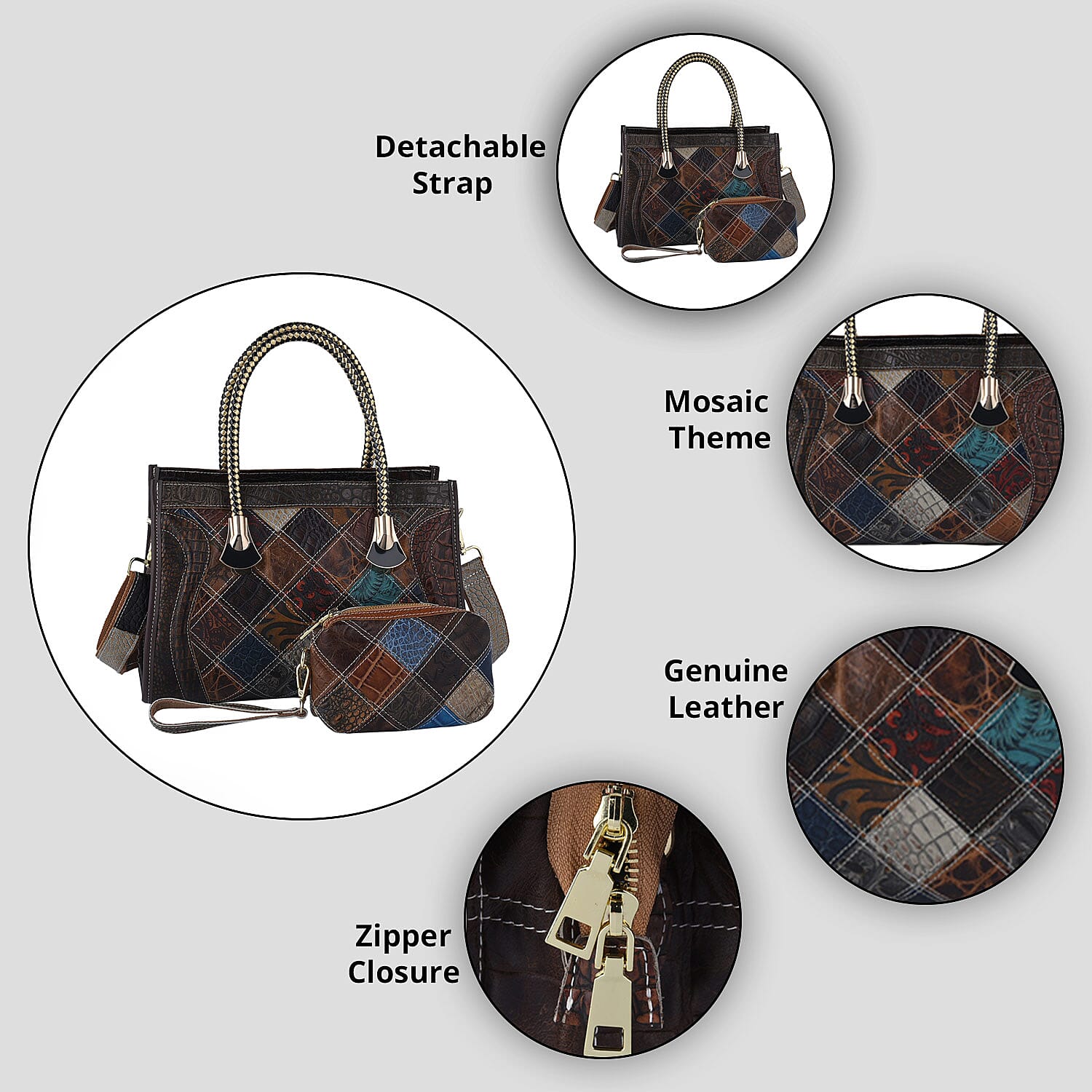 CHAOS BY ELSIE Set of 2 Multi Color Vintage Ostrich/Crocodile Mix Print Genuine Leather Satchel Bag and Clutch