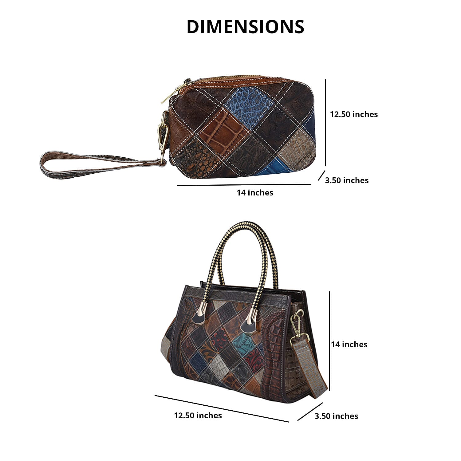 CHAOS BY ELSIE Set of 2 Multi Color Vintage Ostrich/Crocodile Mix Print Genuine Leather Satchel Bag and Clutch