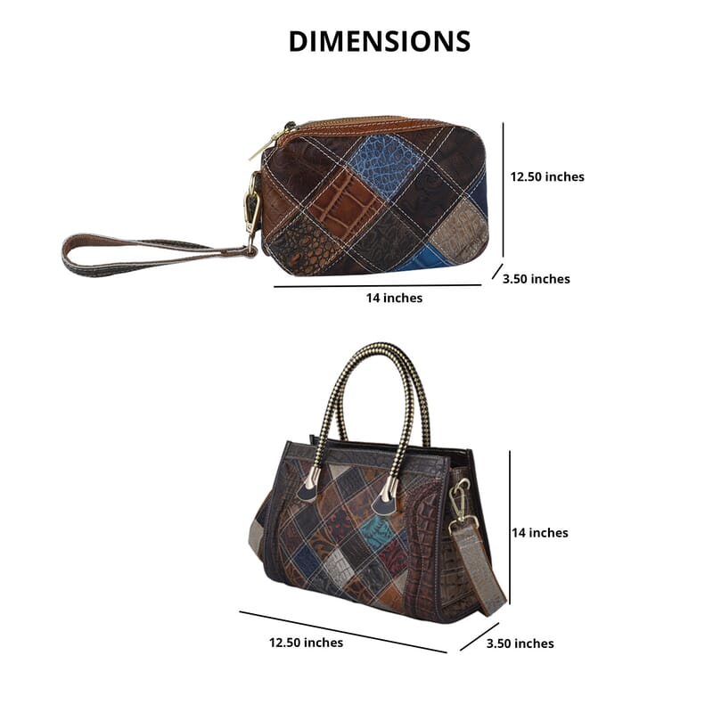 CHAOS BY ELSIE Set of 2 Multi Color Vintage Ostrich/Crocodile Mix Print Genuine Leather Satchel Bag and Clutch