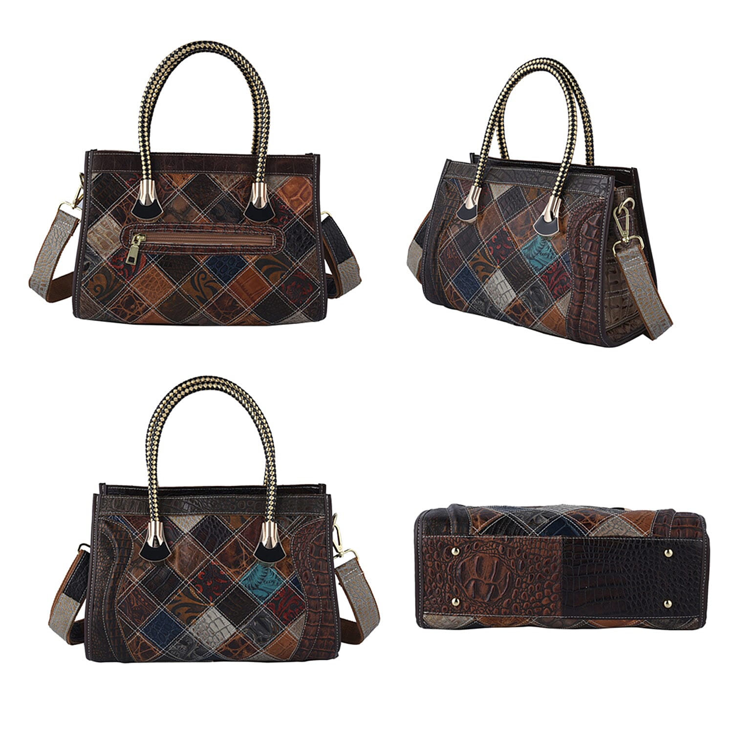 CHAOS BY ELSIE Set of 2 Multi Color Vintage Ostrich/Crocodile Mix Print Genuine Leather Satchel Bag and Clutch