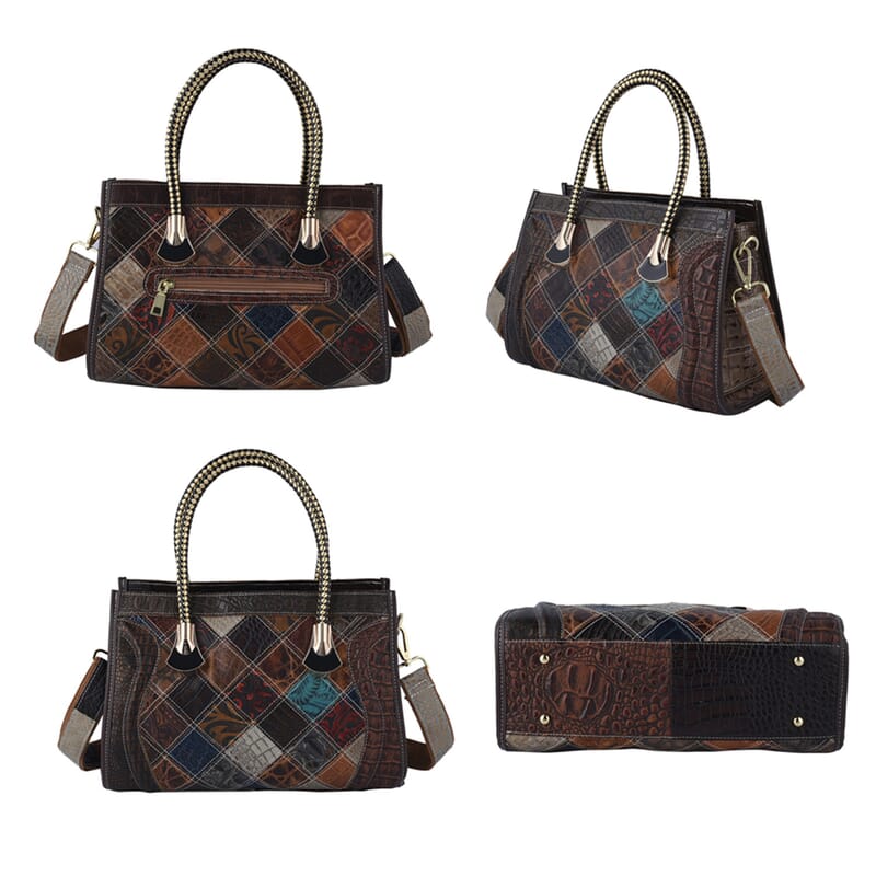 CHAOS BY ELSIE Set of 2 Multi Color Vintage Ostrich/Crocodile Mix Print Genuine Leather Satchel Bag and Clutch