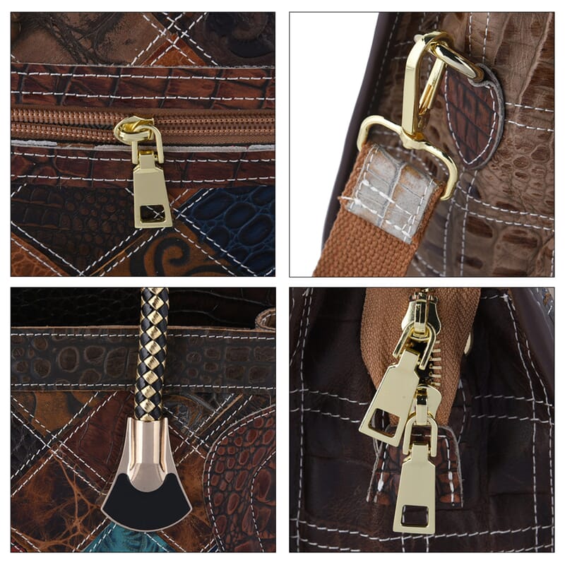 CHAOS BY ELSIE Set of 2 Multi Color Vintage Ostrich/Crocodile Mix Print Genuine Leather Satchel Bag and Clutch