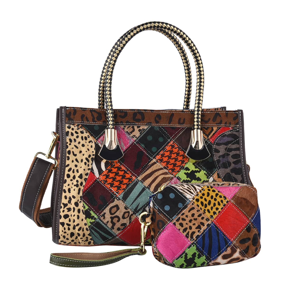 CHAOS BY ELSIE Set of 2 Multi Color Leopard Print Cowhide Genuine Leather Satchel Bag and Clutch image number 0