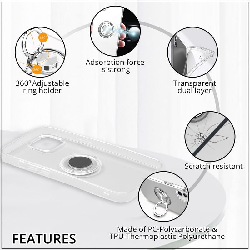 Transparent iPhone 13 Case with 360 Degree Adjustable Ring Holder