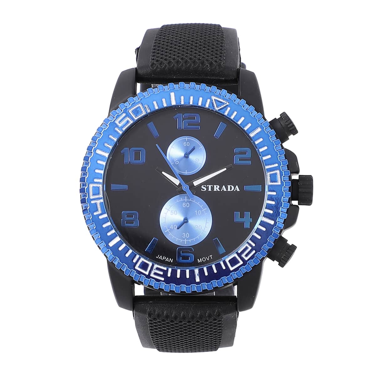Strada Japanese Movement Watch with Black, Blue False Chronograph Dial and Black Silicone Strap image number 0