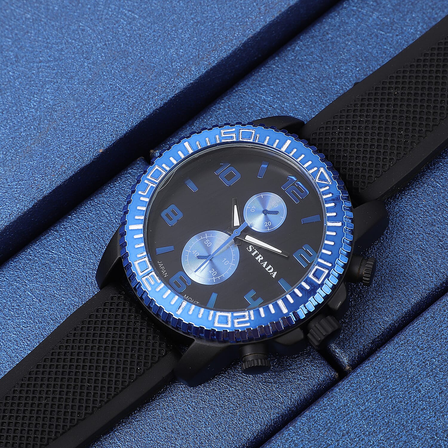 Strada Japanese Movement Watch with Black, Blue False Chronograph Dial and Black Silicone Strap