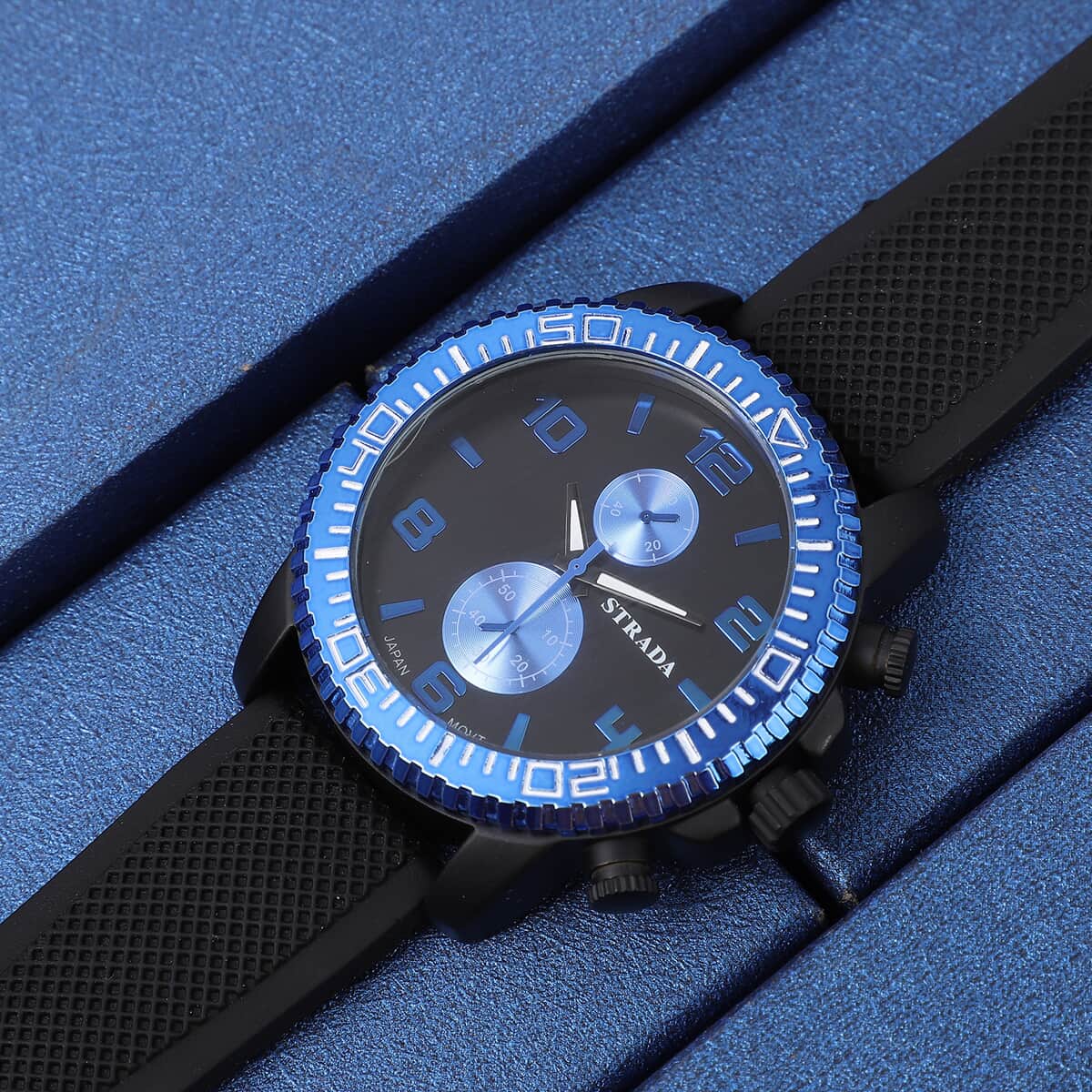 Strada Japanese Movement Watch with Black, Blue False Chronograph Dial and Black Silicone Strap image number 1