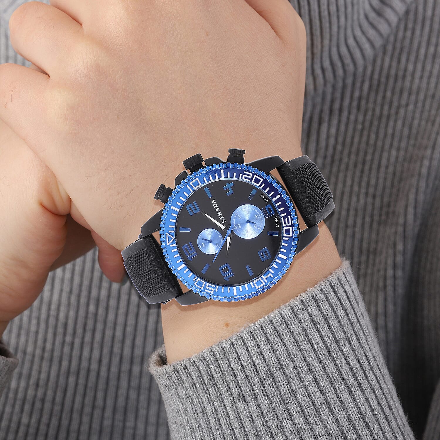 Strada Japanese Movement Watch with Black, Blue False Chronograph Dial and Black Silicone Strap