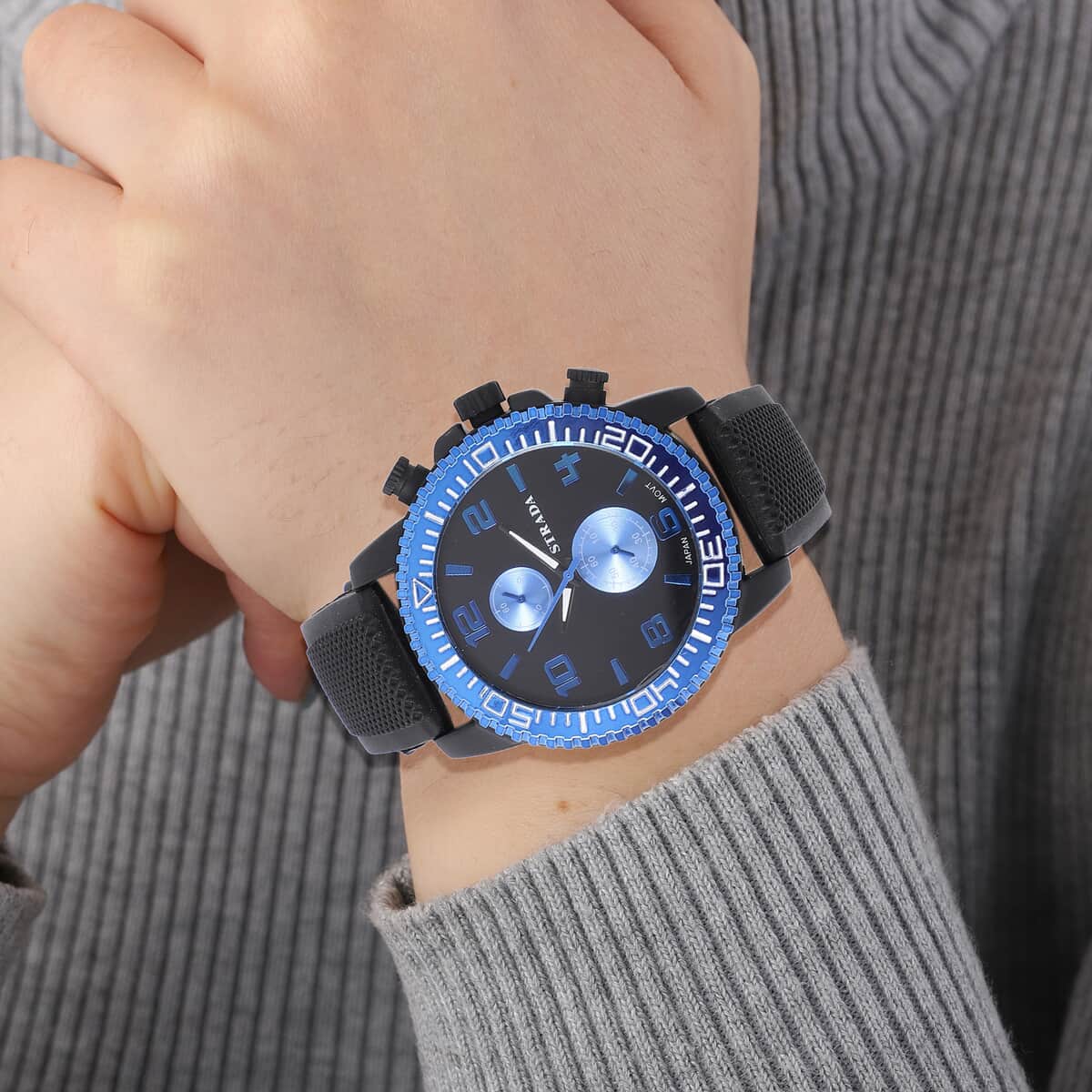 Strada Japanese Movement Watch with Black, Blue False Chronograph Dial and Black Silicone Strap image number 2