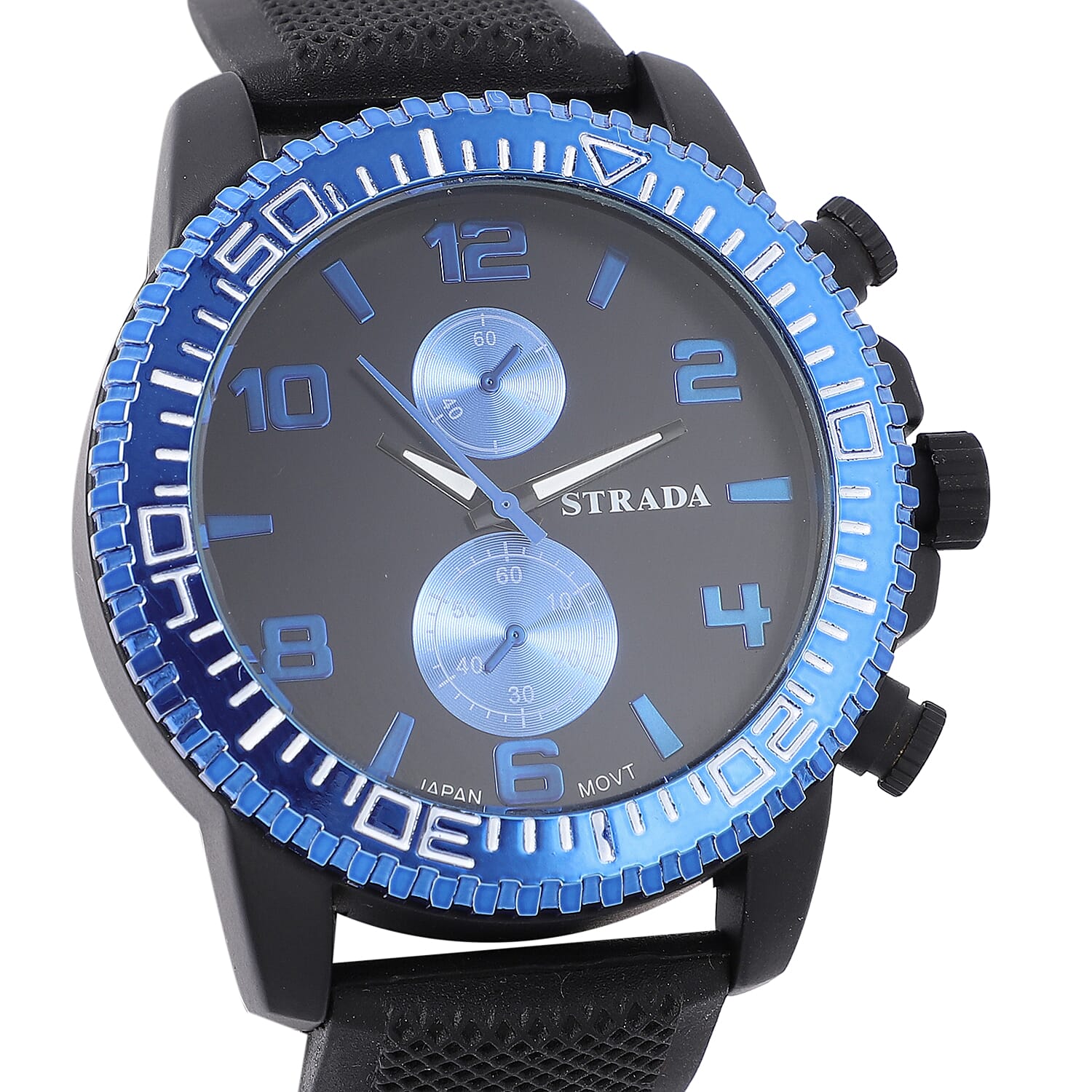 Strada Japanese Movement Watch with Black, Blue False Chronograph Dial and Black Silicone Strap