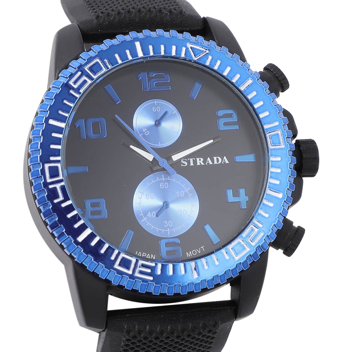 STRADA Japanese Movement Watch with Black, Blue False Chronograph Dial and Black Silicone Strap image number 3