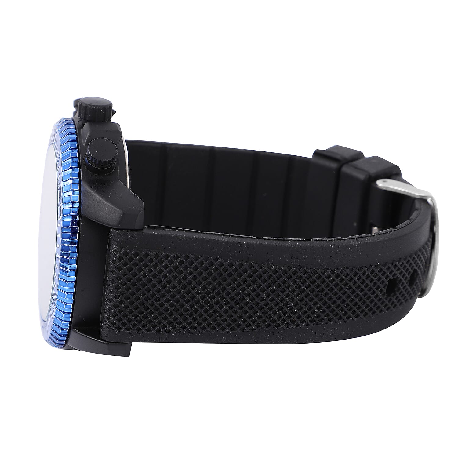 Strada Japanese Movement Watch with Black, Blue False Chronograph Dial and Black Silicone Strap