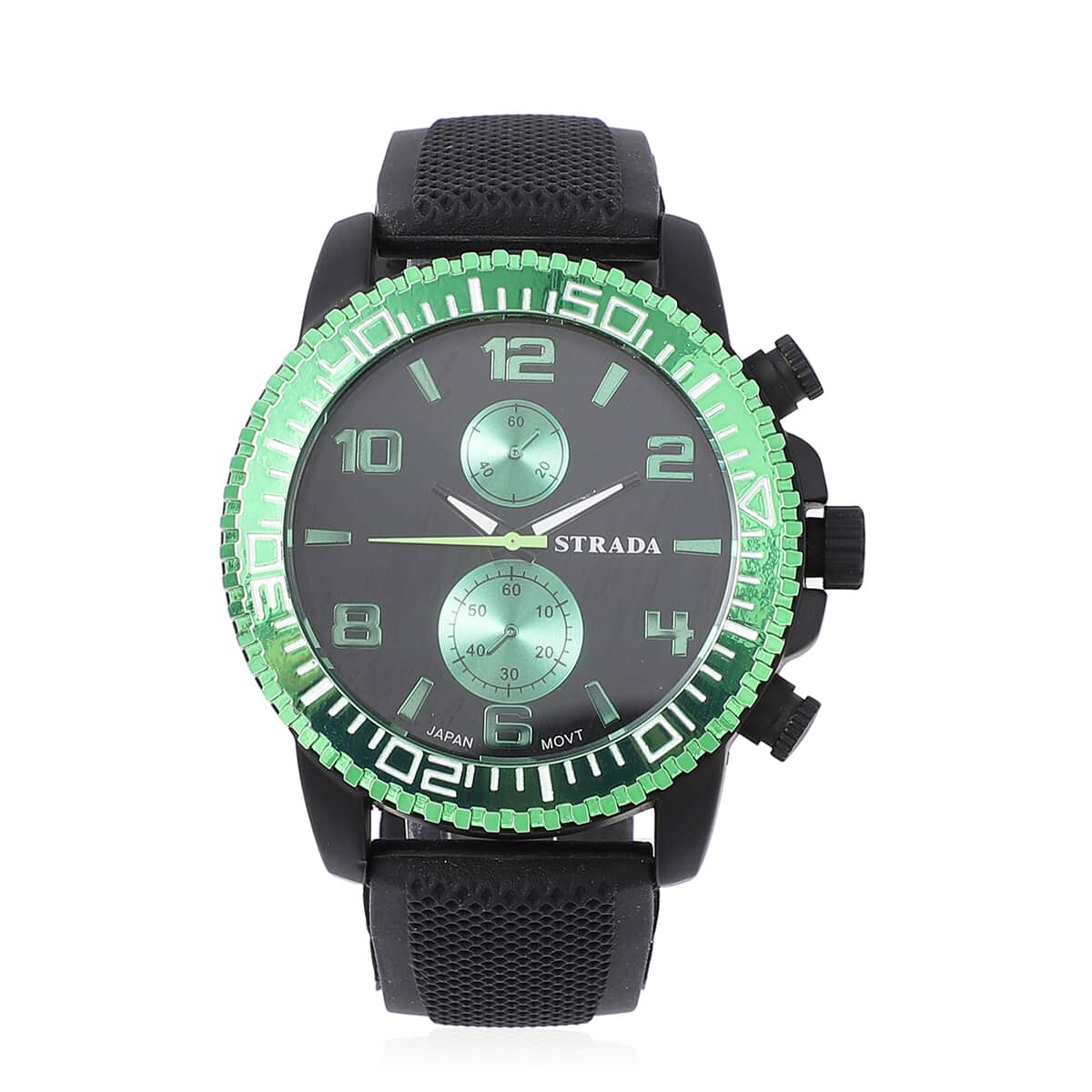 Strada Japanese Movement Watch with Black, Green False Chronograph Dial and Black Silicone Strap image number 0