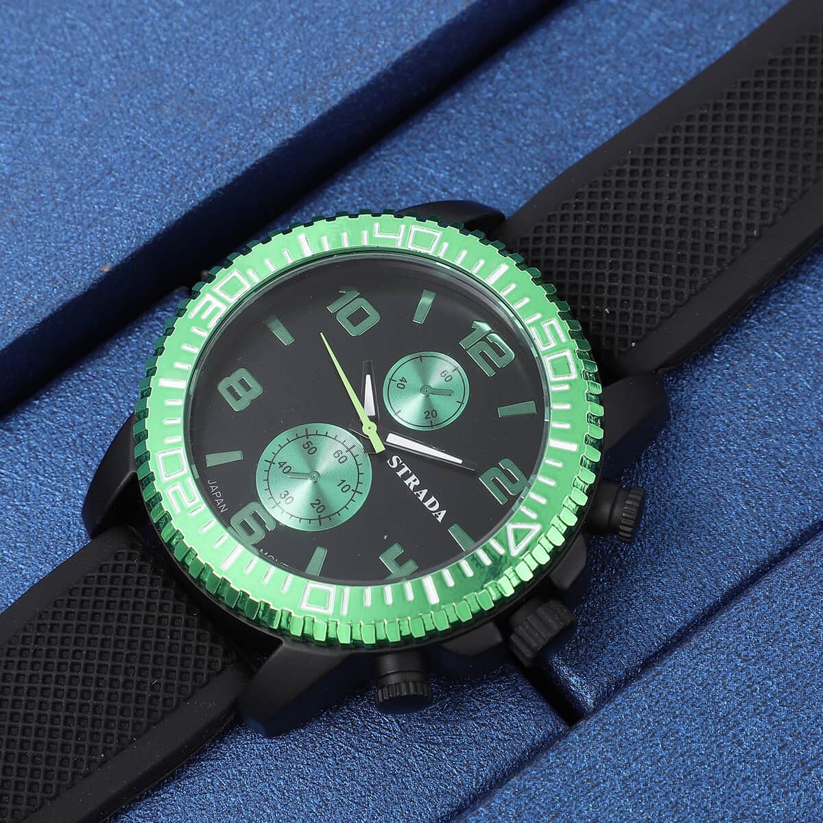 Strada Japanese Movement Watch with Black, Green False Chronograph Dial and Black Silicone Strap image number 1