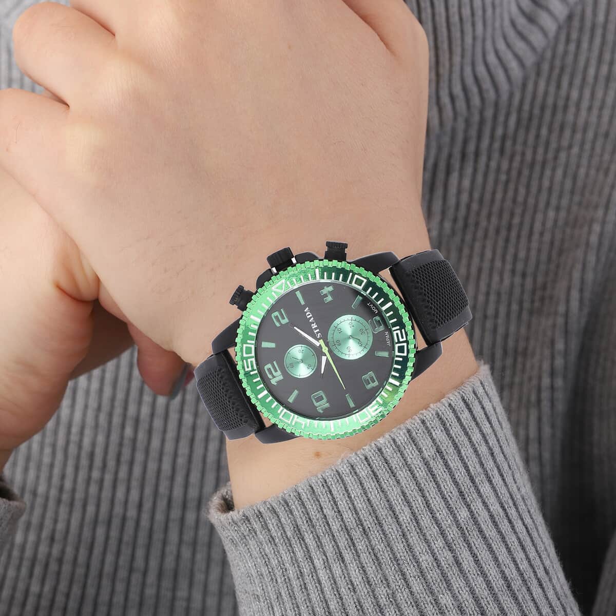 Strada Japanese Movement Watch with Black, Green False Chronograph Dial and Black Silicone Strap image number 2