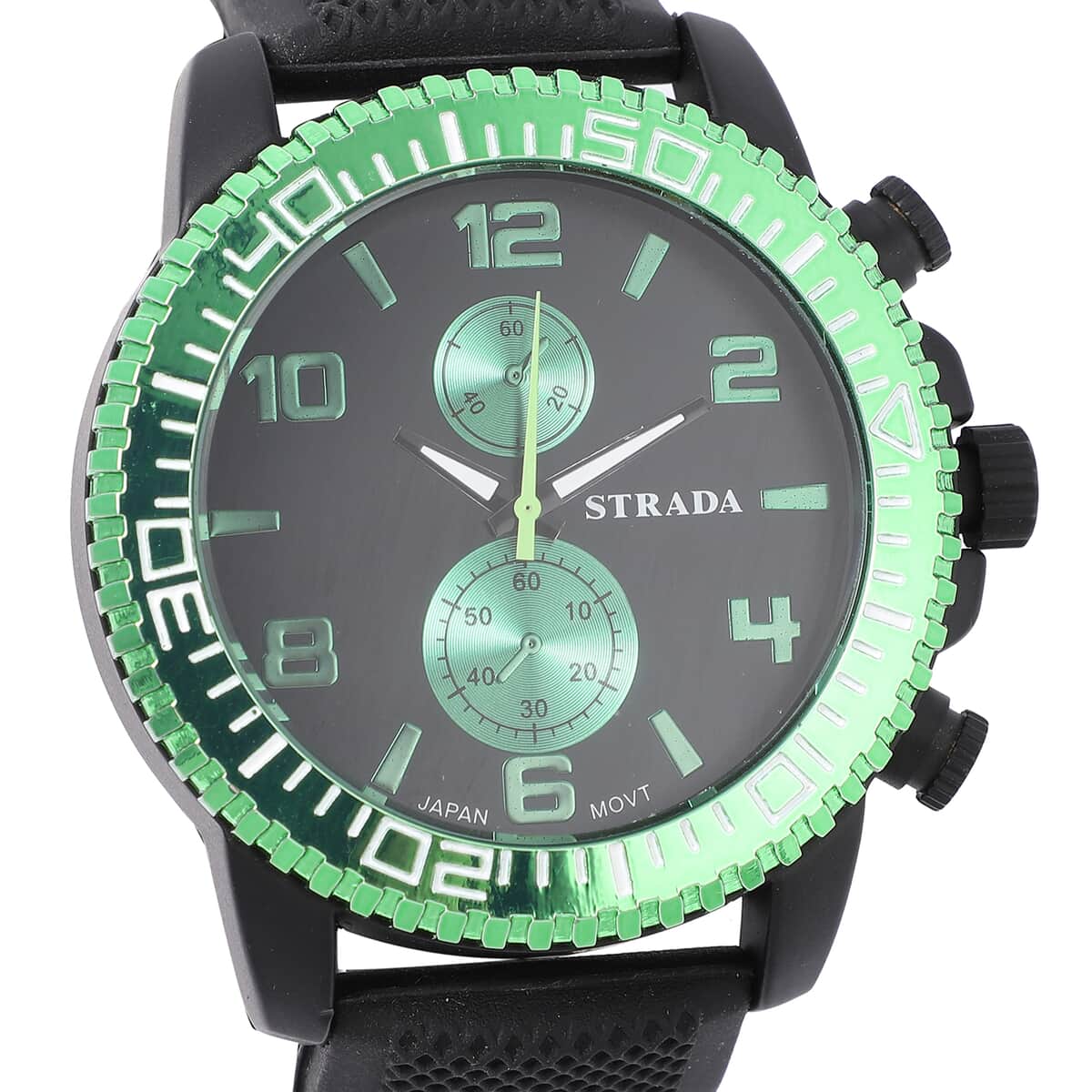Strada Japanese Movement Watch with Black, Green False Chronograph Dial and Black Silicone Strap image number 3