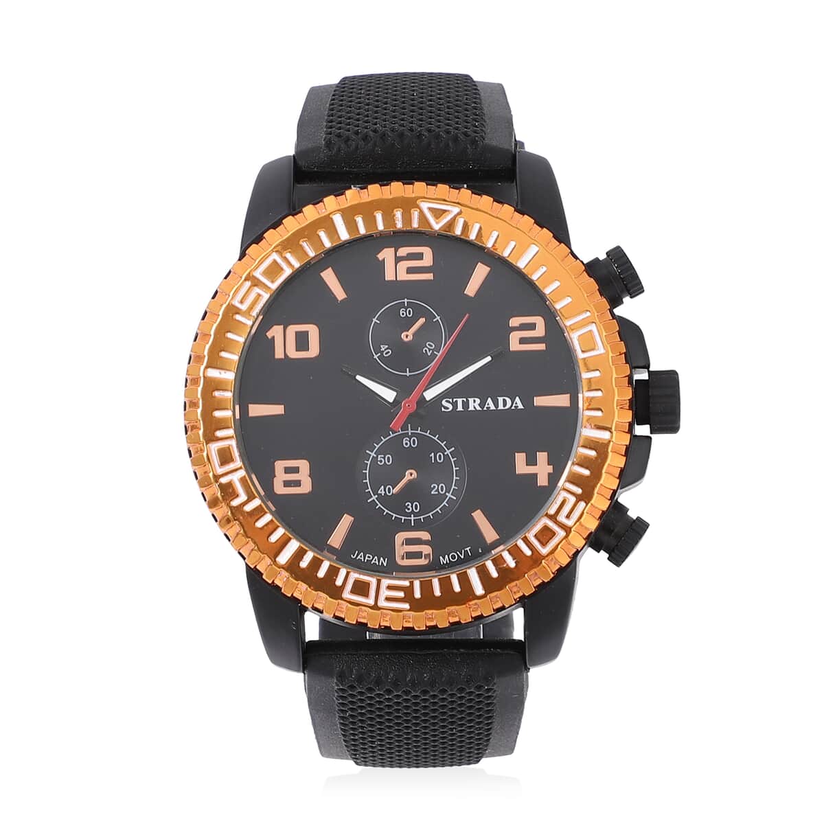 Strada Japanese Movement Watch with Black, Orange False Chronograph Dial and Black Silicone Strap image number 0