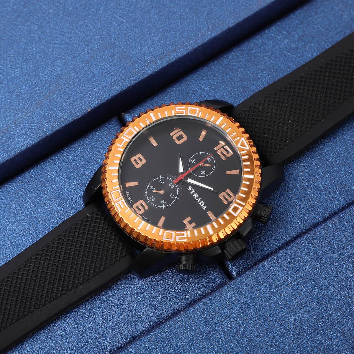 Strada Japanese Movement Watch with Black, Orange False Chronograph Dial and Black Silicone Strap image number 1