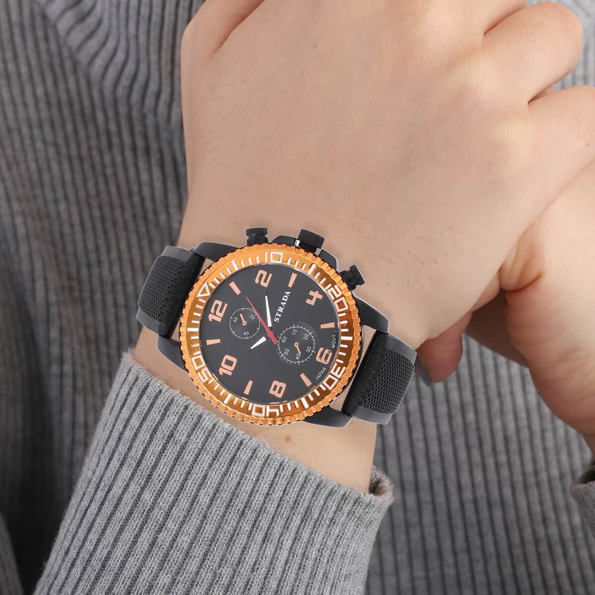 Strada Japanese Movement Watch with Black, Orange False Chronograph Dial and Black Silicone Strap image number 2