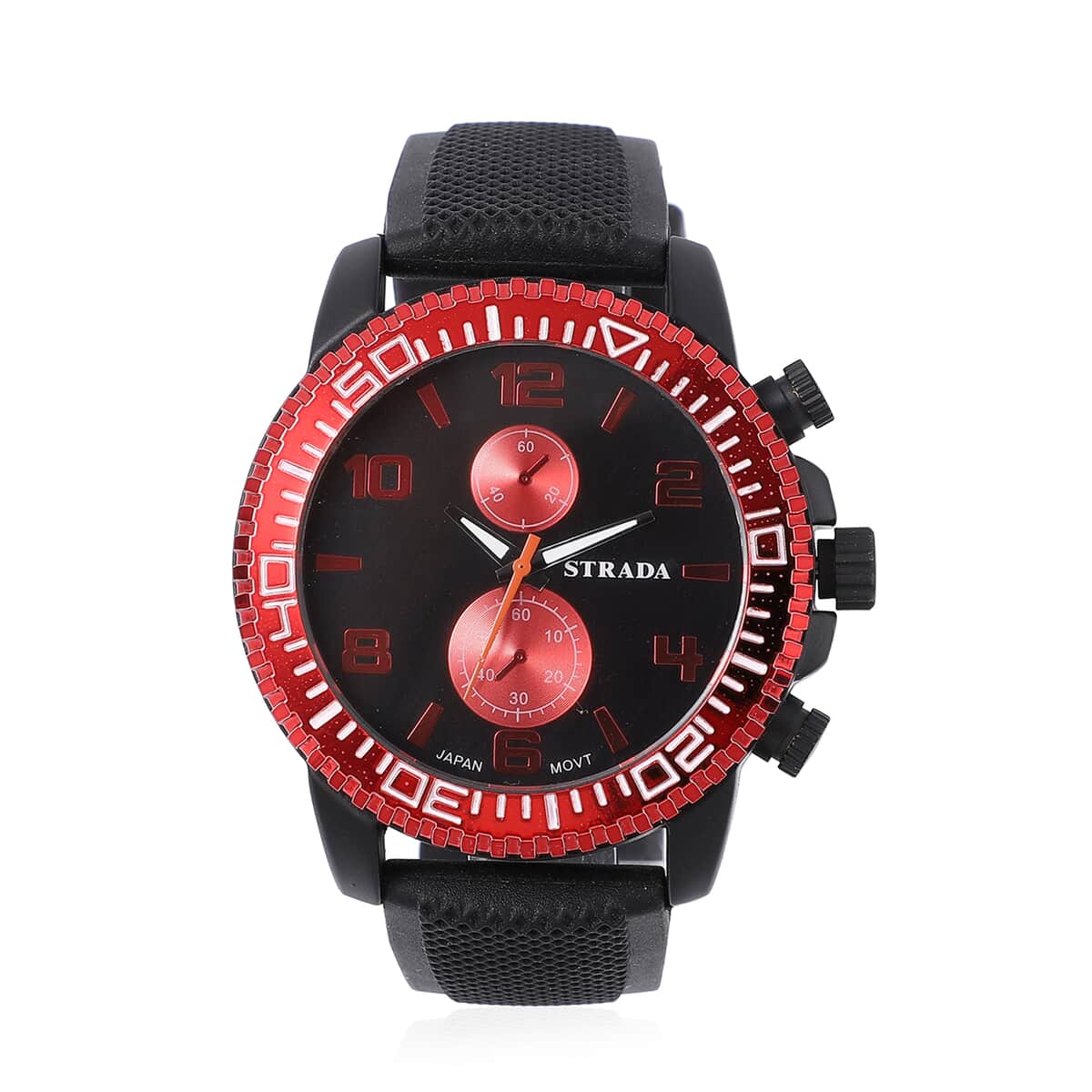 Strada Japanese Movement Watch with Black, Red False Chronograph Dial and Black Silicone Strap image number 0