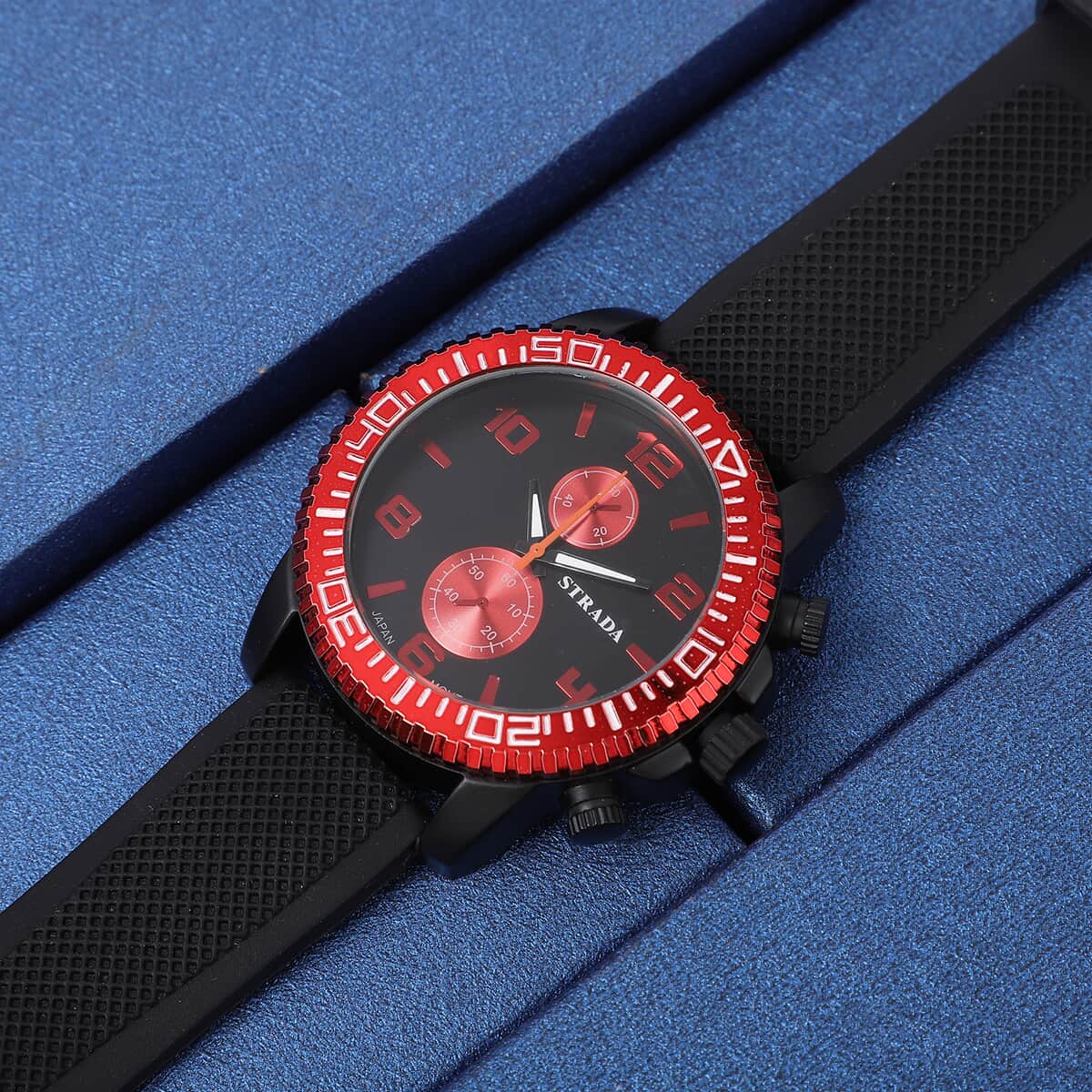 Strada Japanese Movement Watch with Black, Red False Chronograph Dial and Black Silicone Strap image number 1