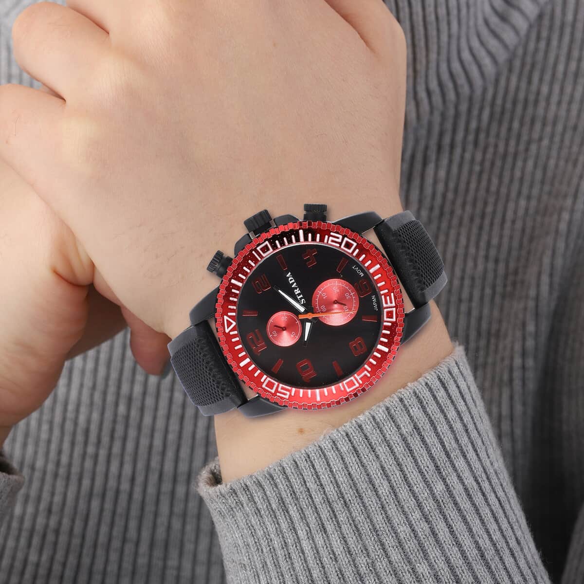 Strada Japanese Movement Watch with Black, Red False Chronograph Dial and Black Silicone Strap image number 2