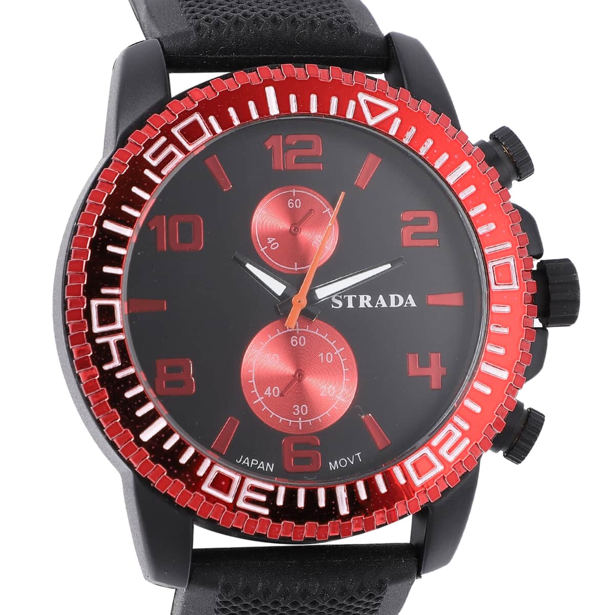 Strada Japanese Movement Watch with Black, Red False Chronograph Dial and Black Silicone Strap image number 3