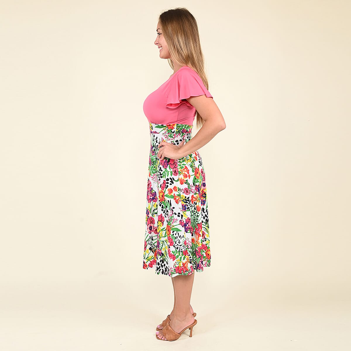 Tamsy Pink Floral Pattern Empire Dress - (XL) image number 2