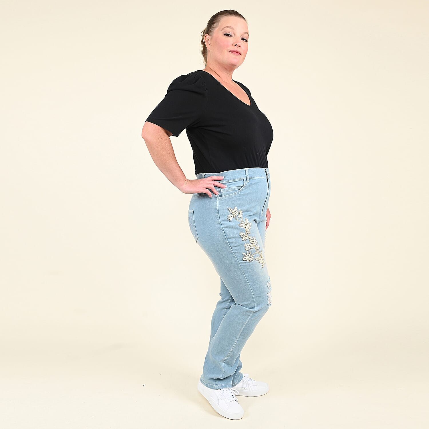 Tamsy Light Blue Floral Pattern Cotton Jeans -(Size 4)