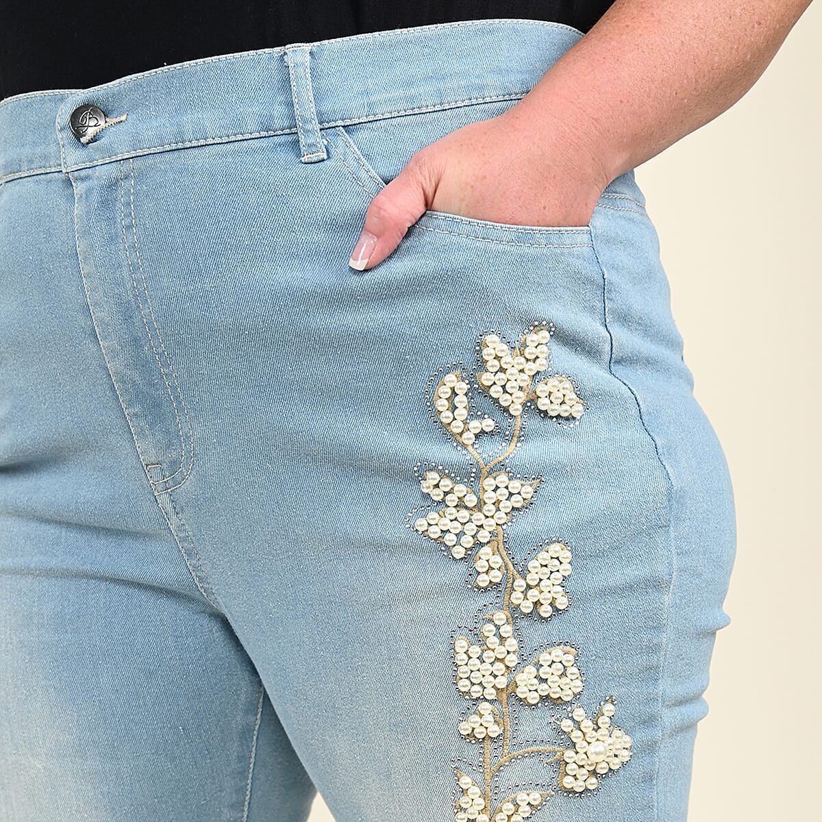 Tamsy Light Blue Floral Pattern Cotton Jeans -(Size 4)