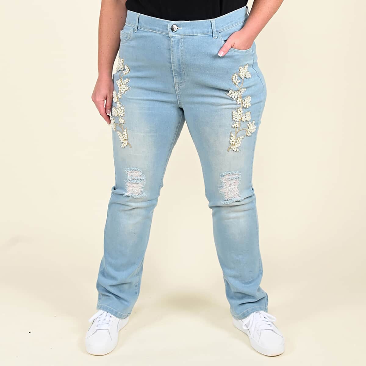 Tamsy Light Blue Floral Pattern Cotton Jeans -(Size 14) image number 0