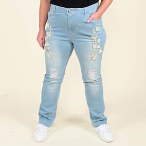 Tamsy Light Blue Floral Pattern Cotton Jeans -(Size 14)