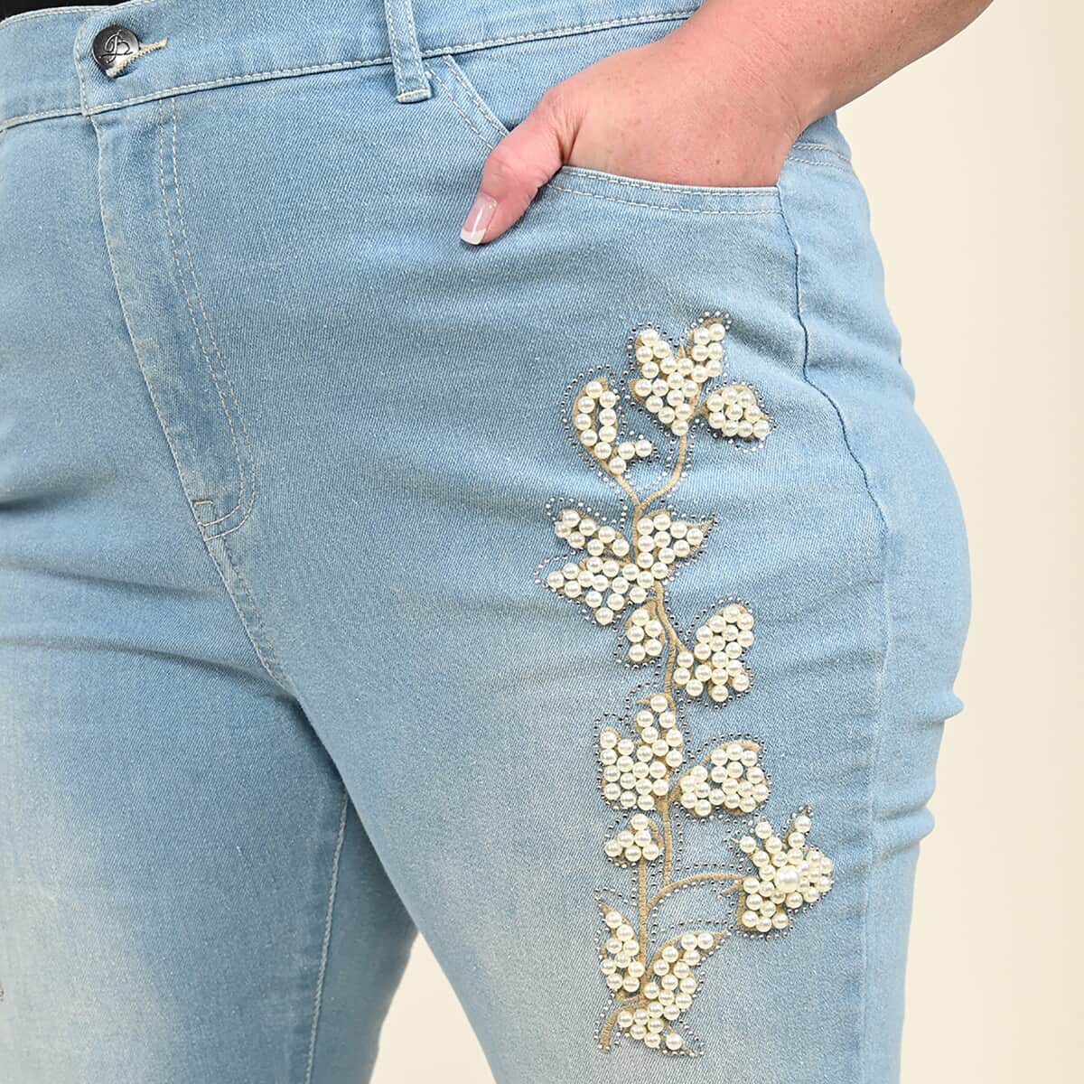 Tamsy Light Blue Floral Pattern Cotton Jeans -(Size 14) image number 2