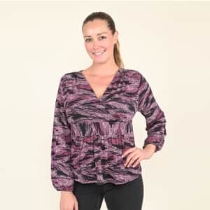 Tamsy Purple Abstract Pattern Long Sleeve Blouse - (M)