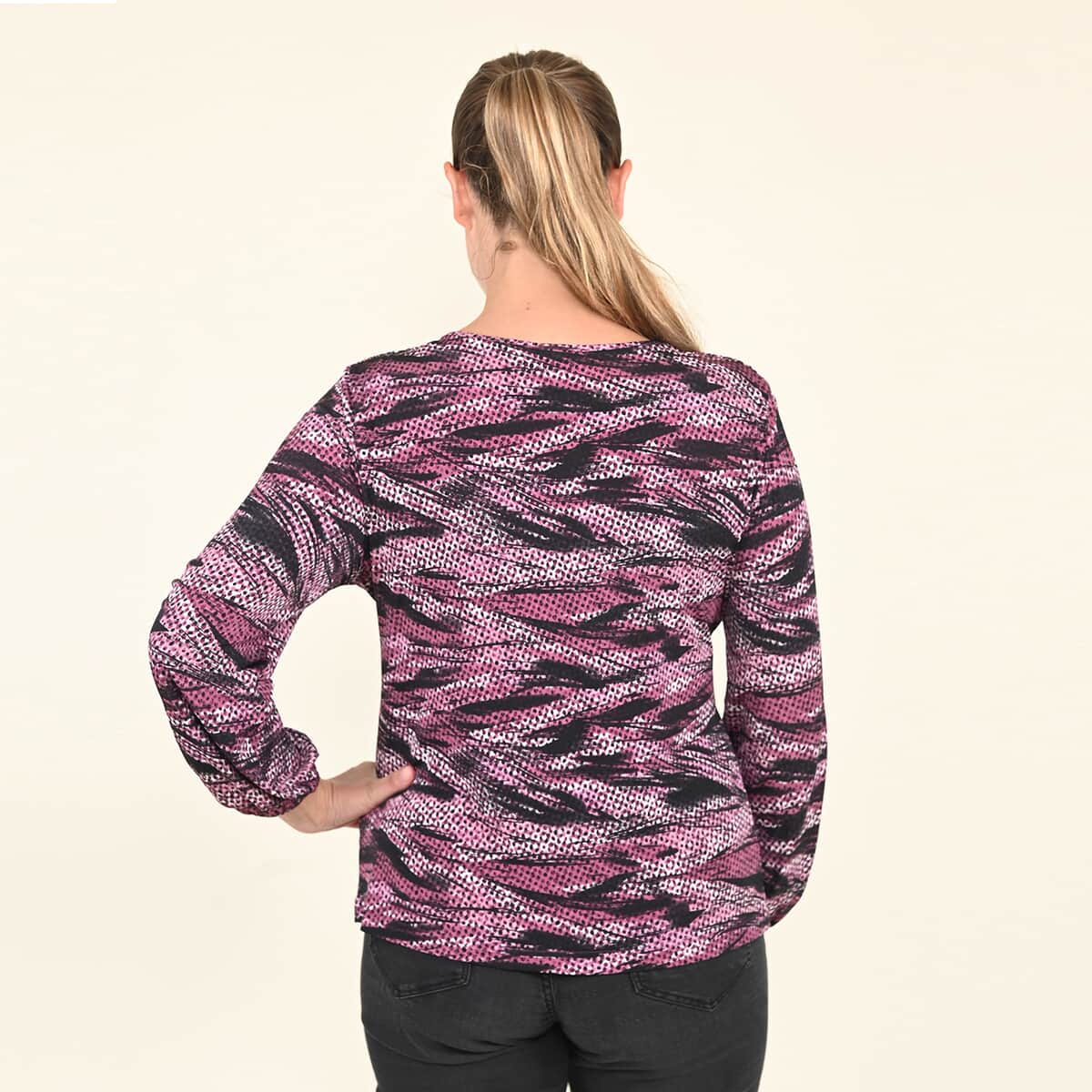 Tamsy Purple Abstract Pattern Long Sleeve Blouse - (M) image number 1