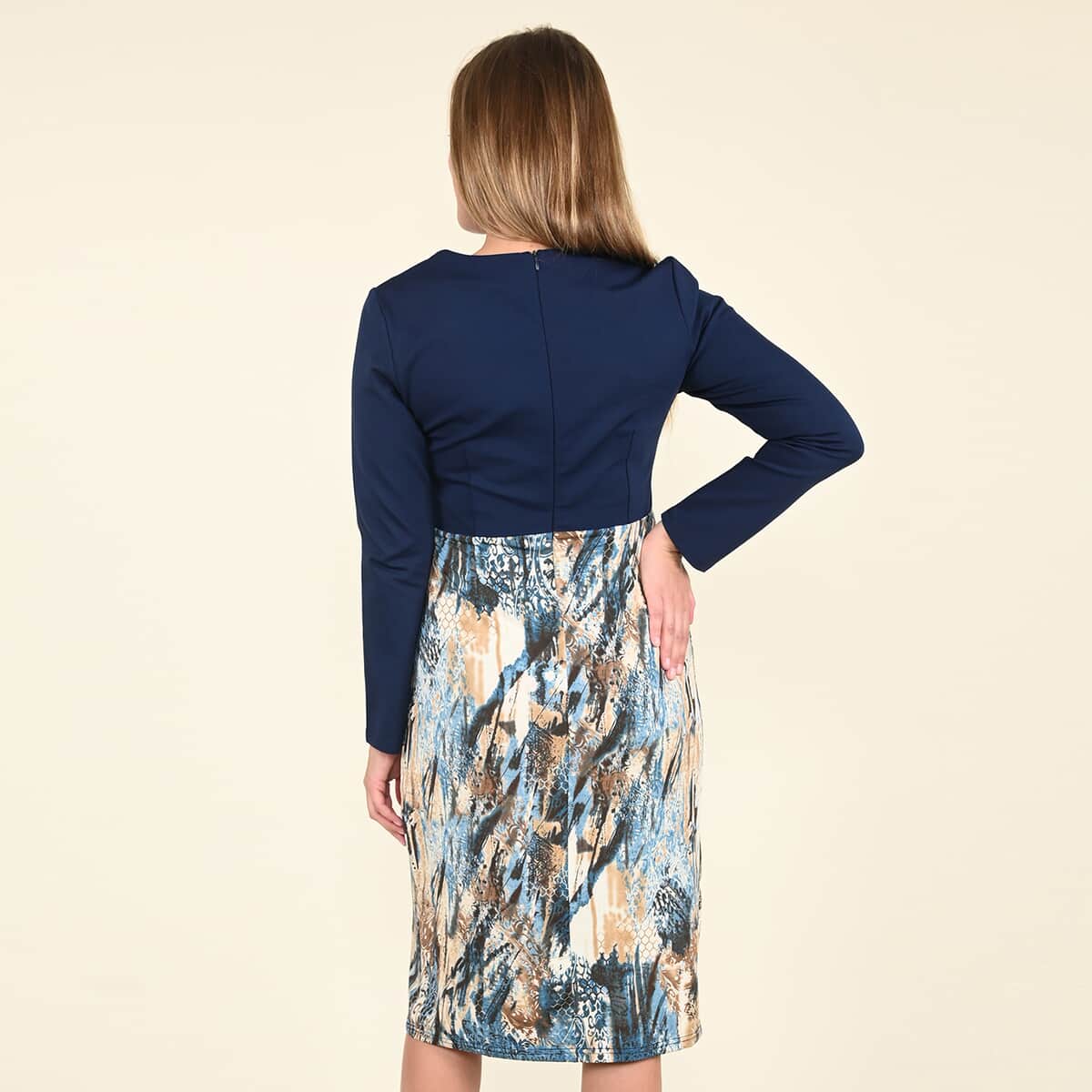 Tamsy Navy Abstract Pattern Long Sleeve Empire Dress - (L) image number 1