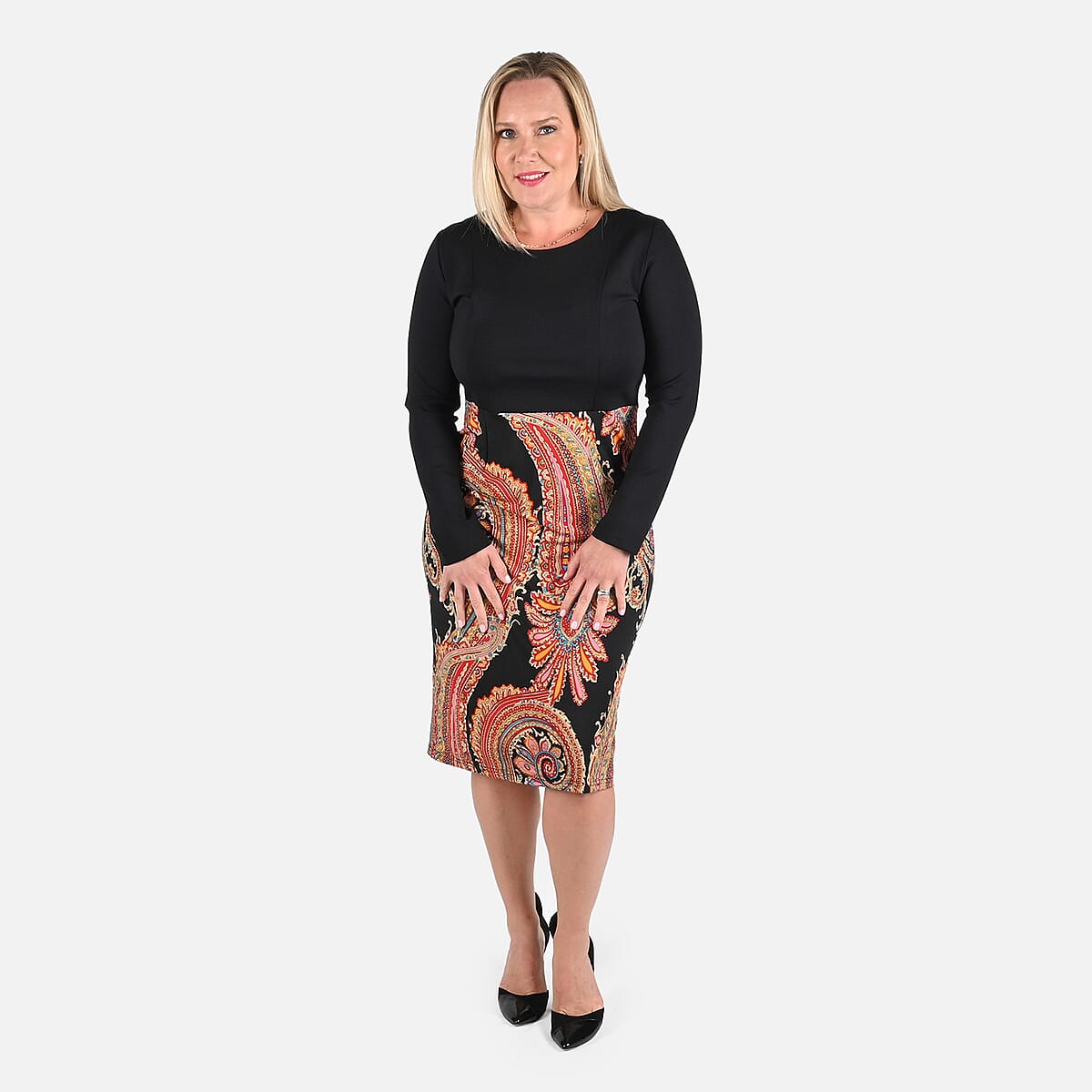 Tamsy Black Paisley Pattern Long Sleeve Empire Dress - (L) image number 3