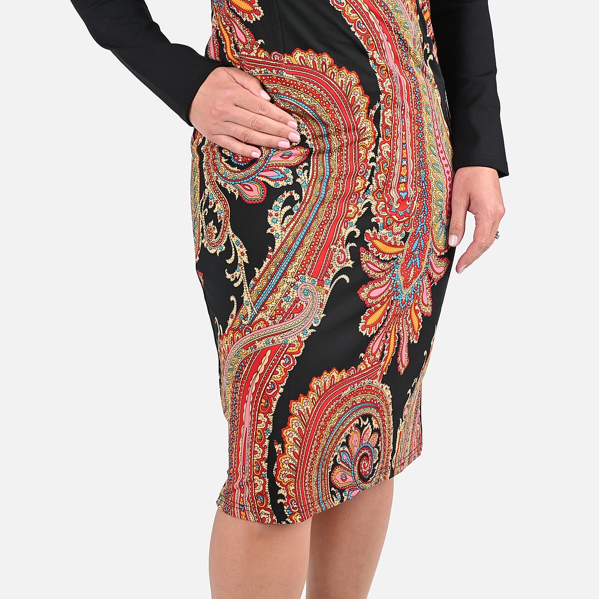 Tamsy Black Paisley Pattern Long Sleeve Empire Dress - (L) image number 4
