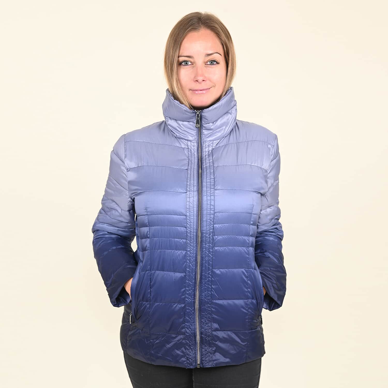 Blue iridescent funnel neck puffer clearance jacket