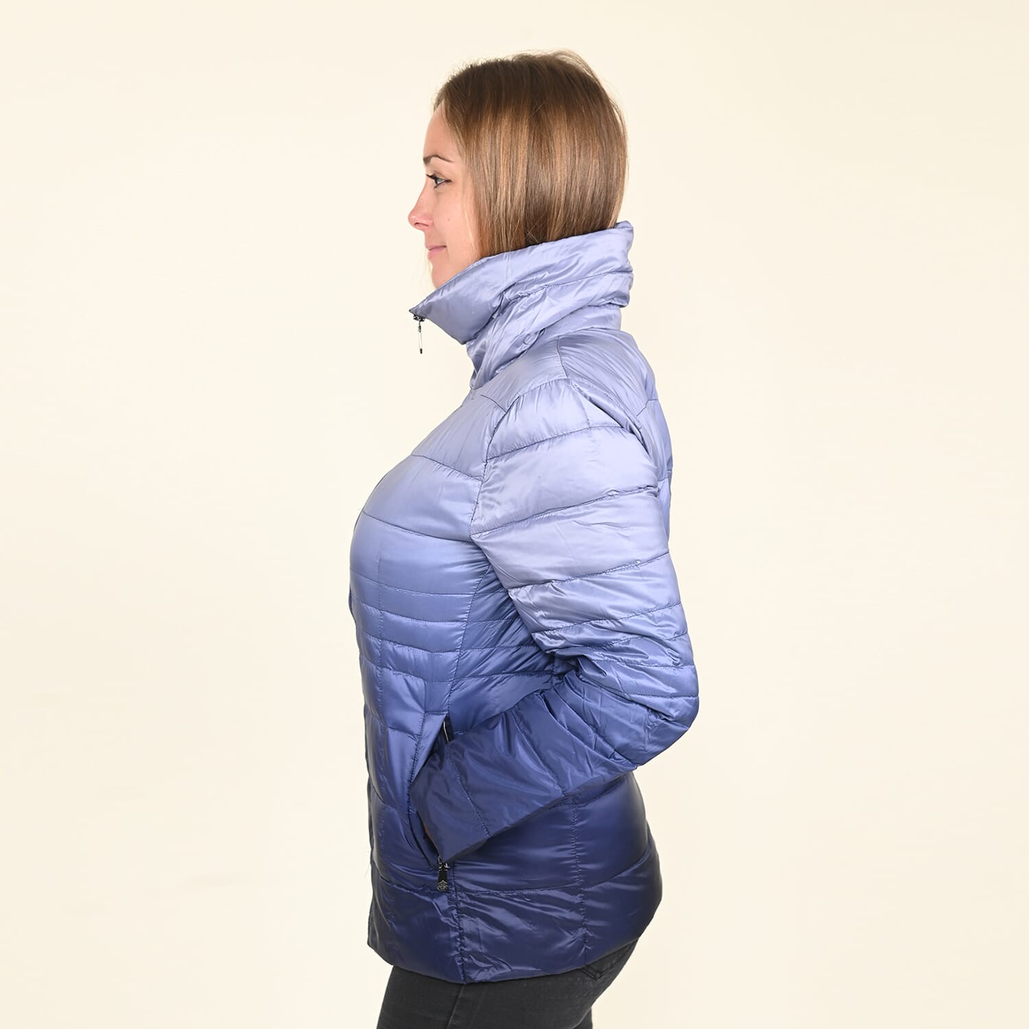 Blue iridescent funnel on sale neck puffer jacket